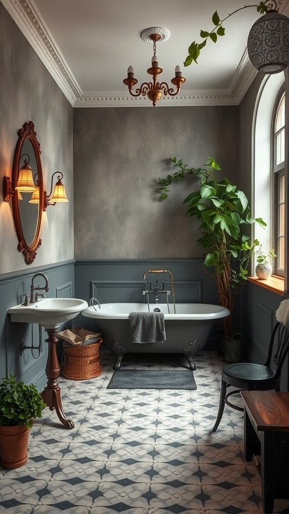 A vintage bathroom featuring a freestanding bathtub, elegant wall sconces, and greenery.