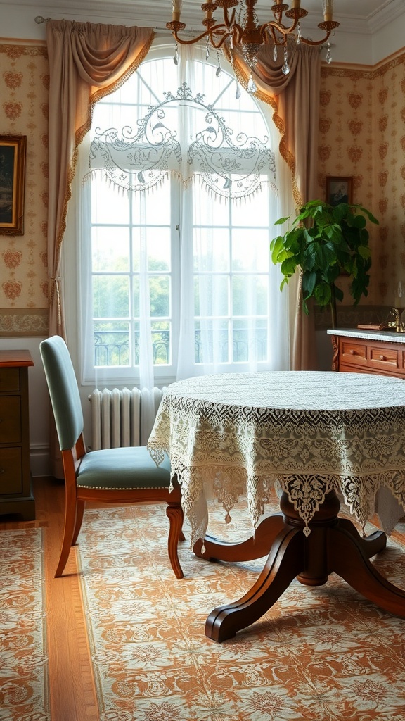 A cozy room featuring a wooden table with a Victorian lace tablecloth, surrounded by elegant curtains and a plant.