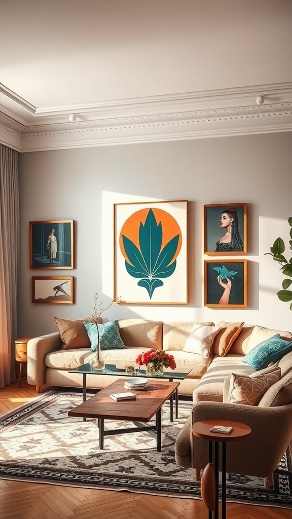 A stylish living room featuring vintage-inspired art and contemporary furniture