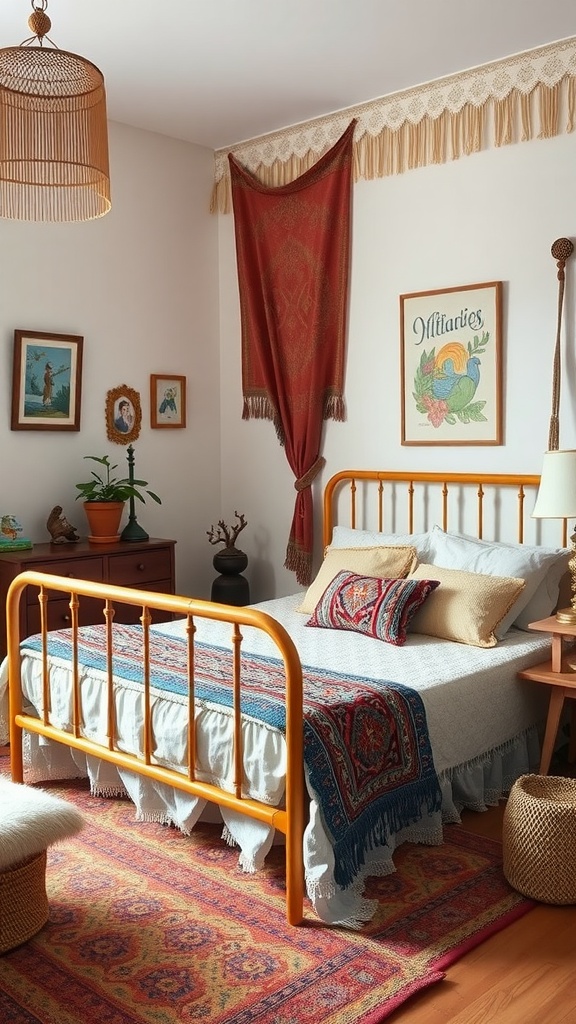 A cozy bedroom featuring a vintage-inspired yellow bed frame with decorative pillows and a colorful throw. The room includes artwork on the walls and a warm pendant light.