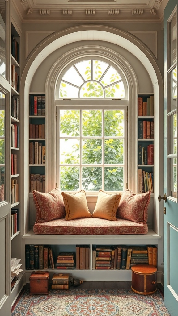 A vintage-inspired library with a curved window seat, surrounded by bookshelves.