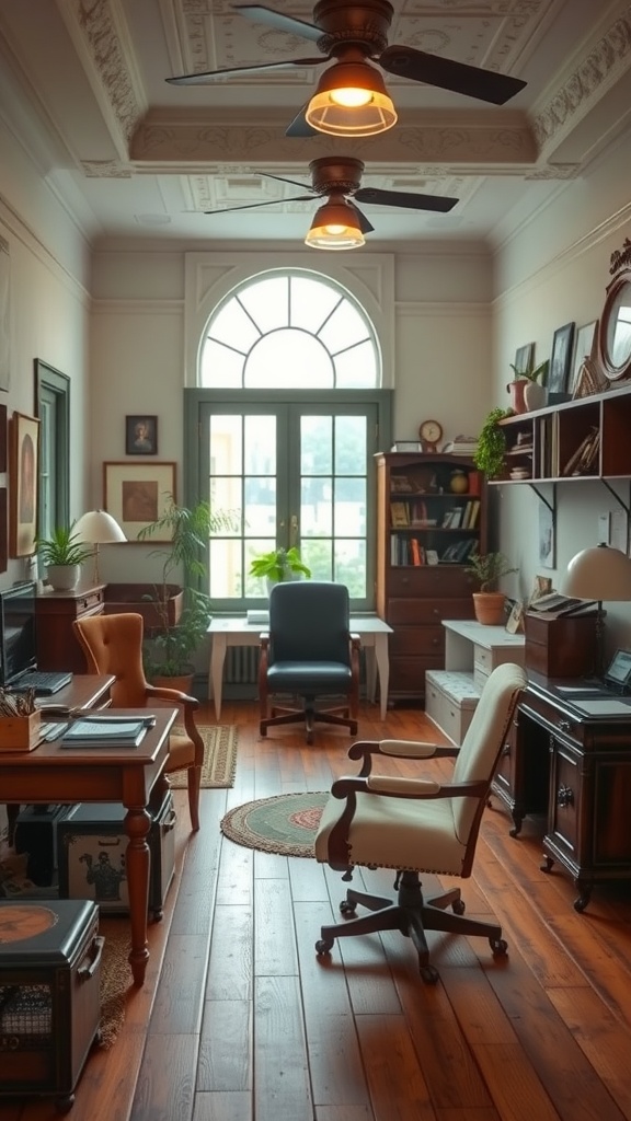 A vintage-inspired office featuring antique furniture, wooden floors, and a large window with plants.
