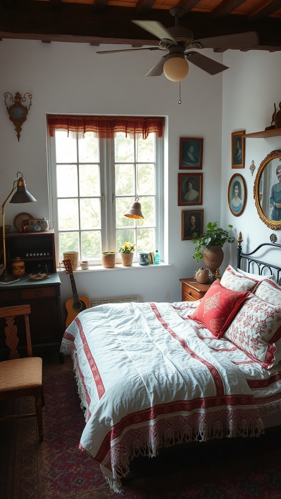 A cozy bohemian bedroom featuring vintage accents, a patterned bedspread, and antique wall art.