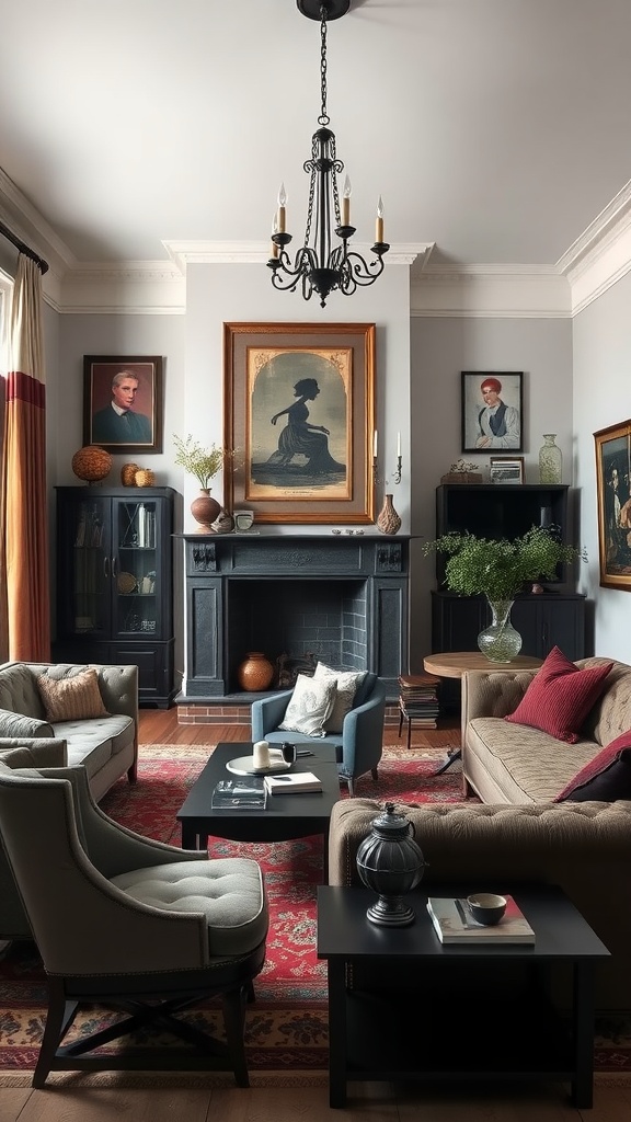 Elegant living room featuring vintage artwork and modern furniture, showcasing a blend of Gothic and contemporary styles.