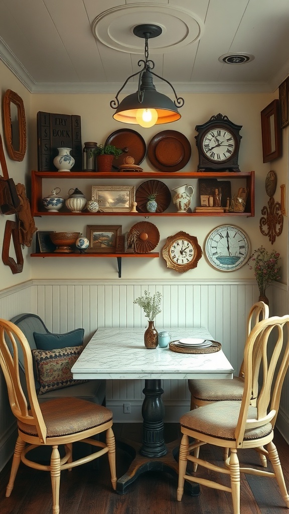 Cozy compact dining nook featuring vintage antiques on the wall shelves, a marble-top table, and wooden chairs.