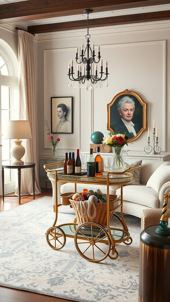 A vintage bar cart in a living room with elegant decor, featuring bottles and decorative items.