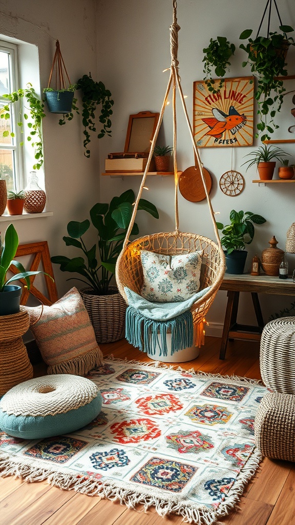 A cozy bohemian bedroom corner featuring a hanging chair, colorful rug, houseplants, and vintage decor.