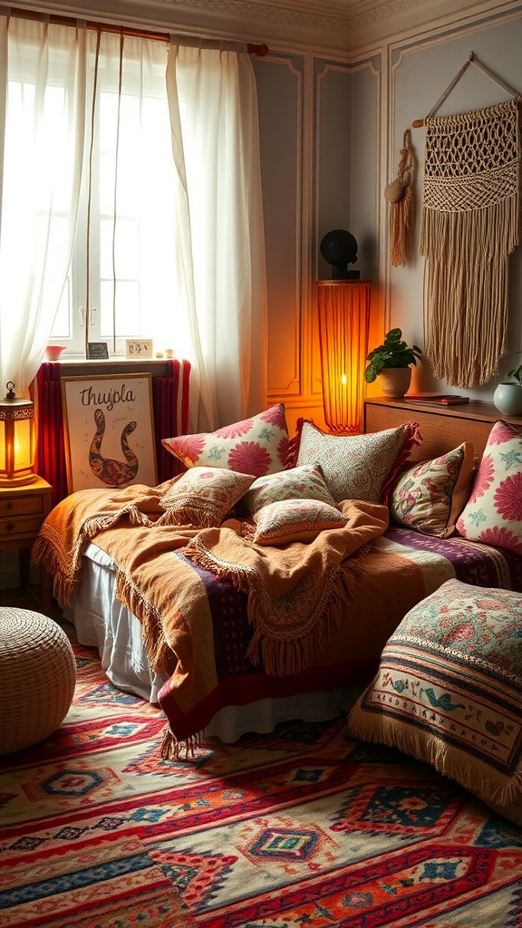 Cozy vintage bohemian bedroom with a mix of warm blankets, colorful pillows, and vibrant rugs, illuminated by soft light.