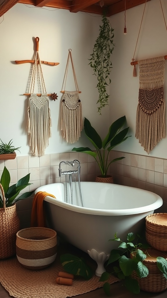 A vintage boho bathroom featuring a freestanding tub, macramé wall hangings, and lush plants.