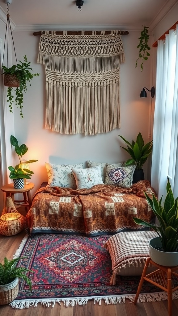 Cozy boho style small bedroom featuring a macramé wall hanging, layered bedding, and plants