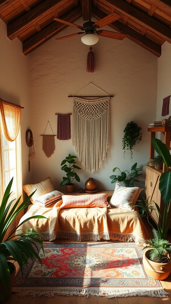 A cozy vintage Boho style bedroom with high ceilings, featuring wooden beams, macramé wall hanging, plants, and a comfortable daybed.