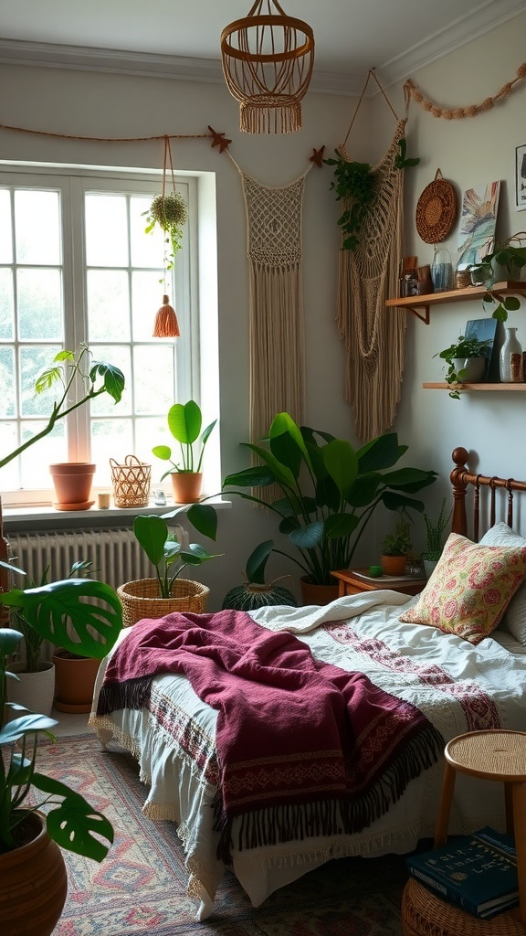 Cozy boho bedroom with plants, macramé wall hangings, and layered bedding.