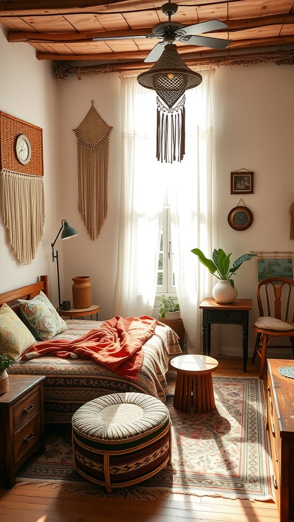 A cozy vintage boho chic bedroom with warm wood tones, macramé wall hangings, and soft textiles.