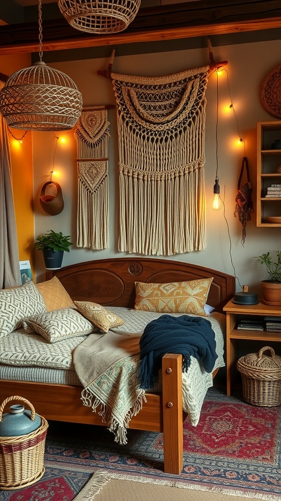 Cozy vintage boho bedroom with macramé wall hangings and warm lights