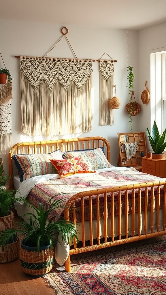 A cozy vintage boho bedroom with a rattan bed, macramé wall hangings, and vibrant textiles.