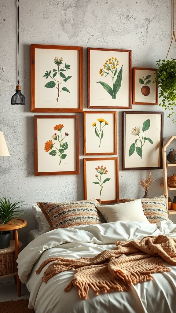 A cozy bedroom with vintage botanical prints framed on the wall, featuring a bed with soft linens and decorative pillows.