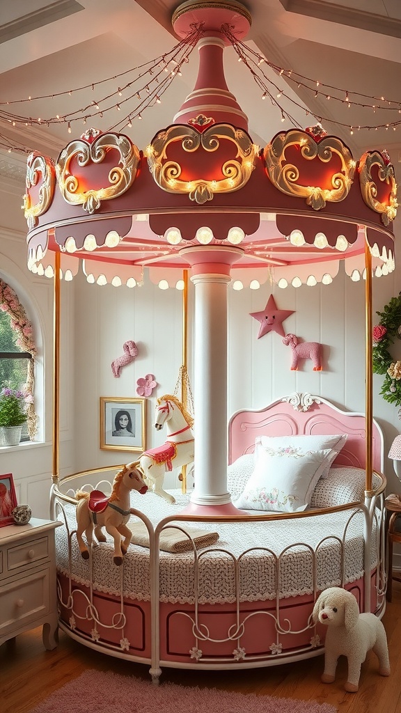 A vintage carousel themed bedroom featuring a carousel bed in soft pink with lights, plush horse toys, and cozy bedding.