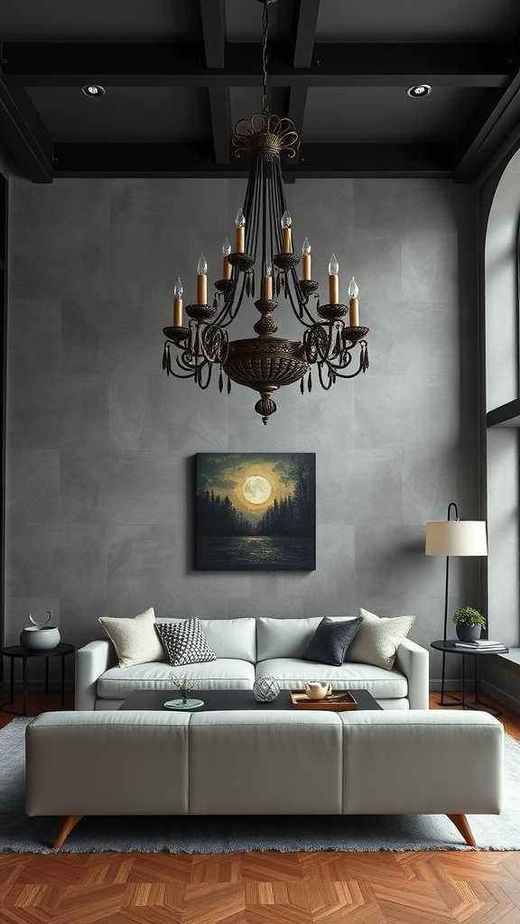 A living room featuring a vintage chandelier, sleek white sofa, and modern decor.