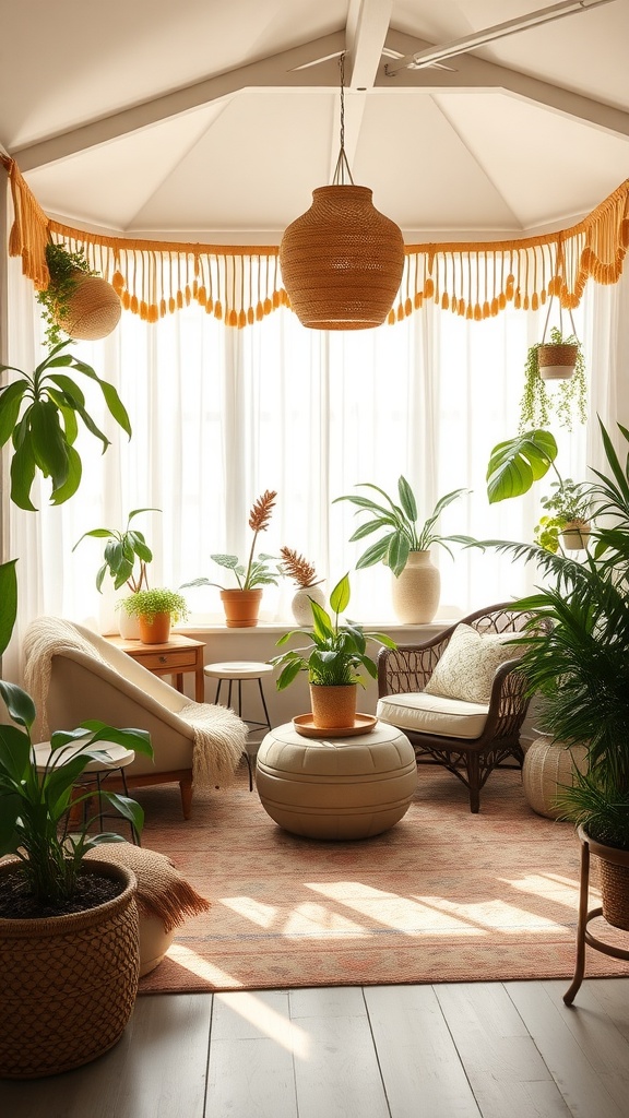 A cozy Boho style sunroom with vintage furniture, plants, and warm lighting