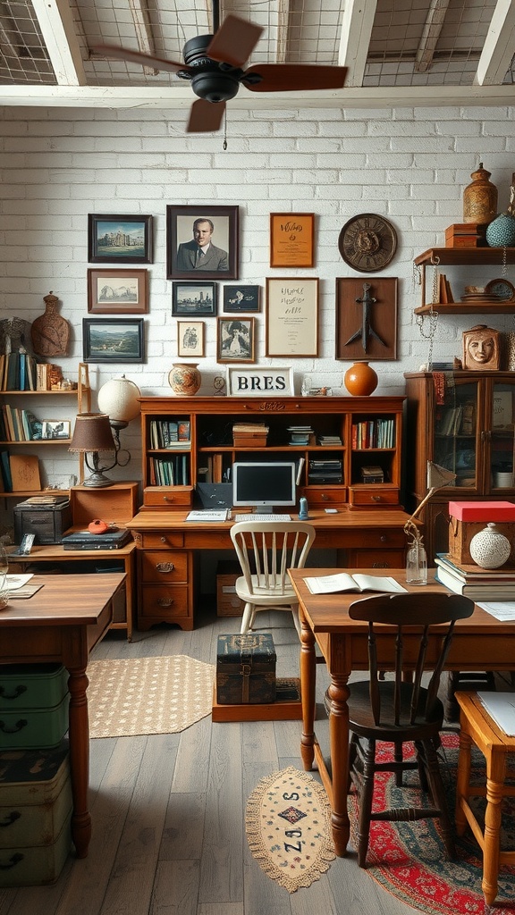 A vintage-inspired office-craft room featuring wooden desks, a white chair, and a wall decorated with framed pictures and memorabilia.