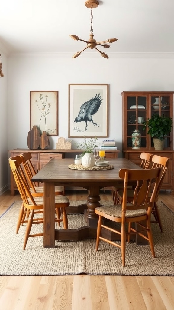 A modern farmhouse dining room featuring a wooden table, vintage chairs, and nature-themed art.