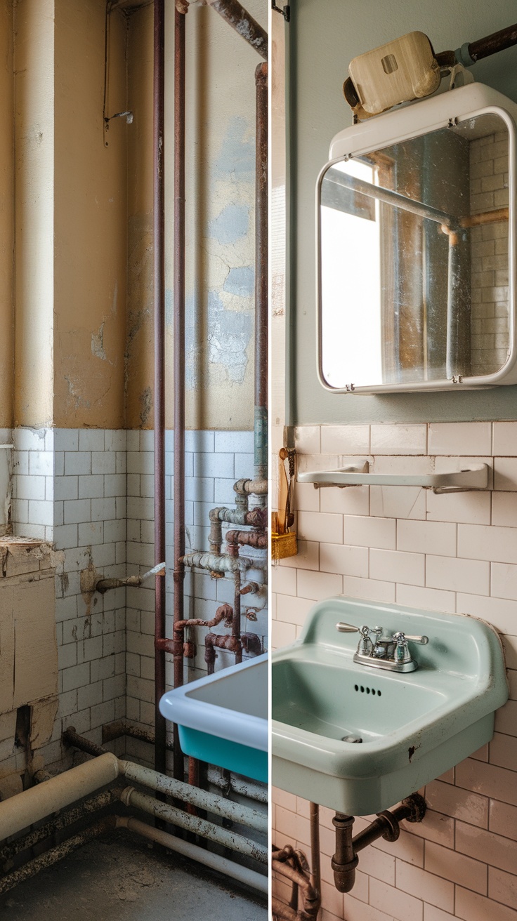Before and after images of a vintage bathroom makeover, showcasing a transformation from a dated design to a stylish, bright space.
