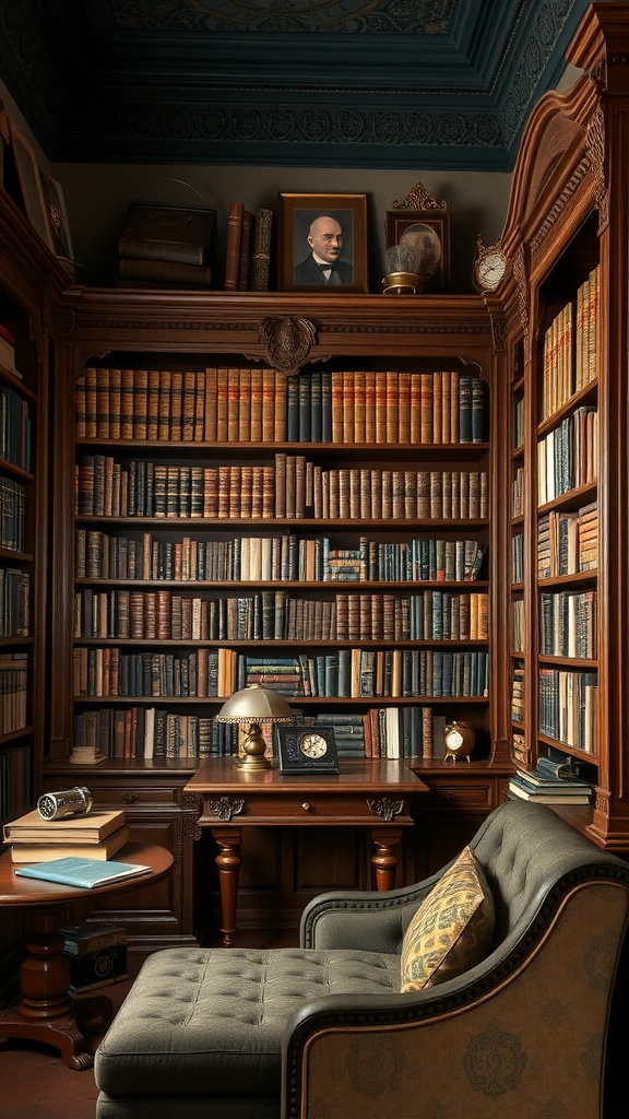 A cozy vintage library featuring antique bookcases filled with books, a comfortable chair, and classic decor.