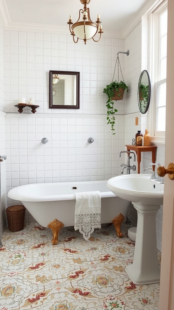 A vintage bathroom featuring a clawfoot tub, patterned floor, and warm lighting.