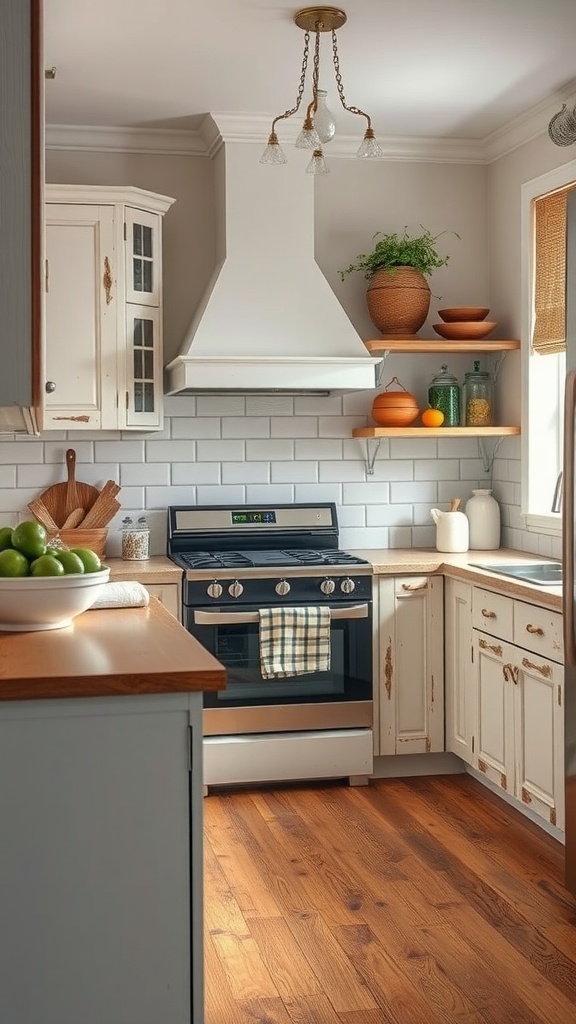 Cozy kitchen with distressed white cabinets, wooden countertops, and vintage decor.