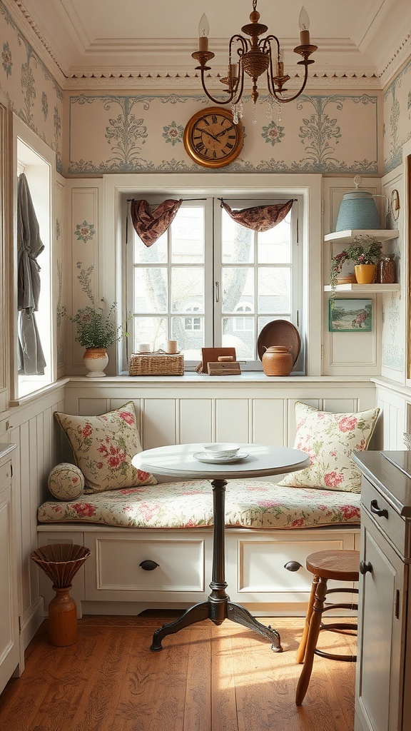Cozy kitchen nook with floral cushions, vintage wallpaper, and a round table.
