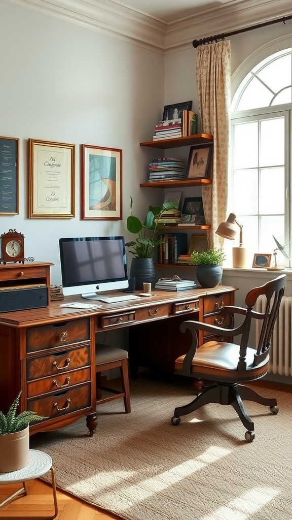 A vintage wooden desk with a computer in a cozy home office setting, decorated with plants and books.