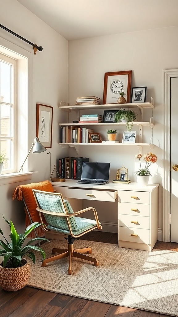 A small feminine home office featuring a light desk, a vintage chair, open shelves, and plants.