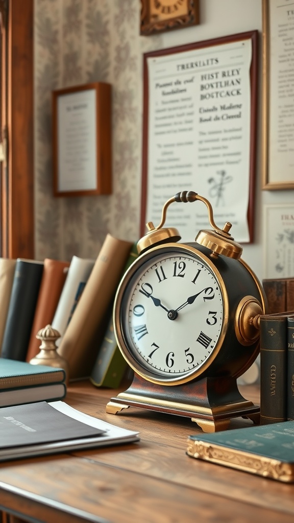 A vintage clock on a wooden desk surrounded by books and papers in a cozy home office setting.