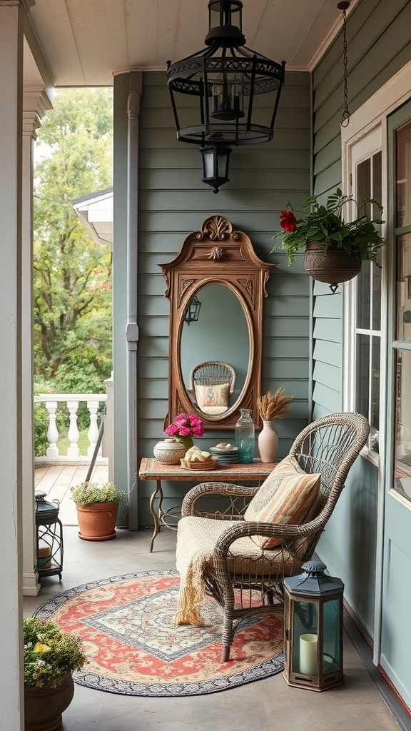 A cozy Boho back porch featuring a wicker chair, a wooden table with flowers, a round rug, and vintage decor.