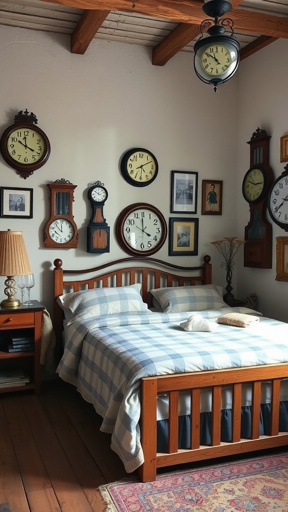 A cozy vintage bedroom featuring multiple clocks on the wall, a wooden bed with a checkered blanket, and a small nightstand with a lamp.