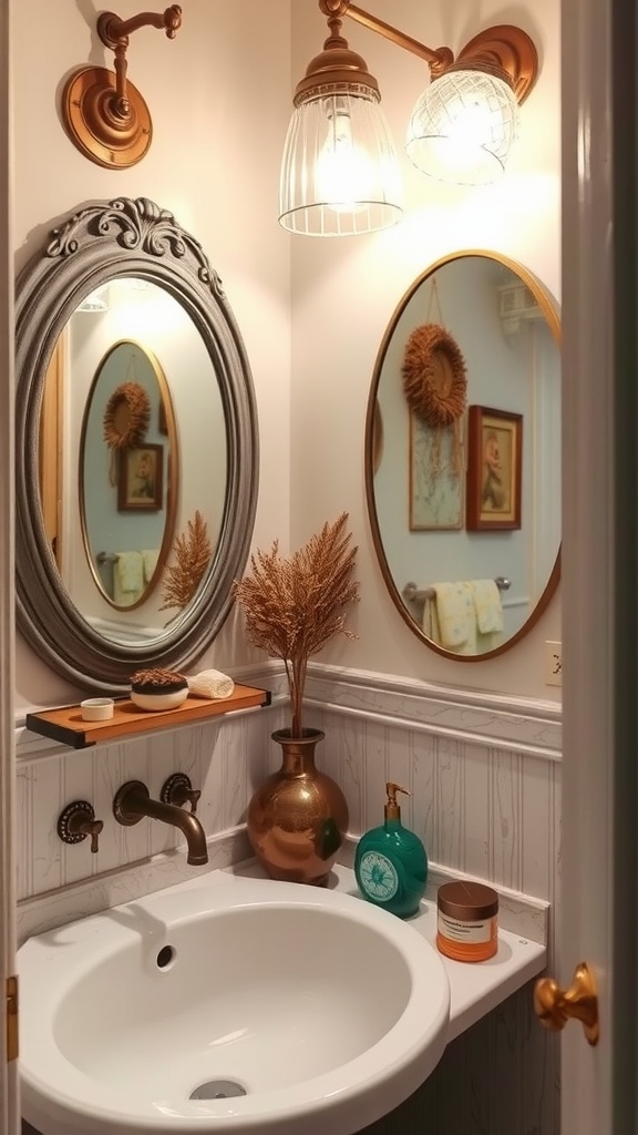 A vintage-inspired bathroom featuring ornate mirrors, elegant lighting, and a glass shelf with decor elements.
