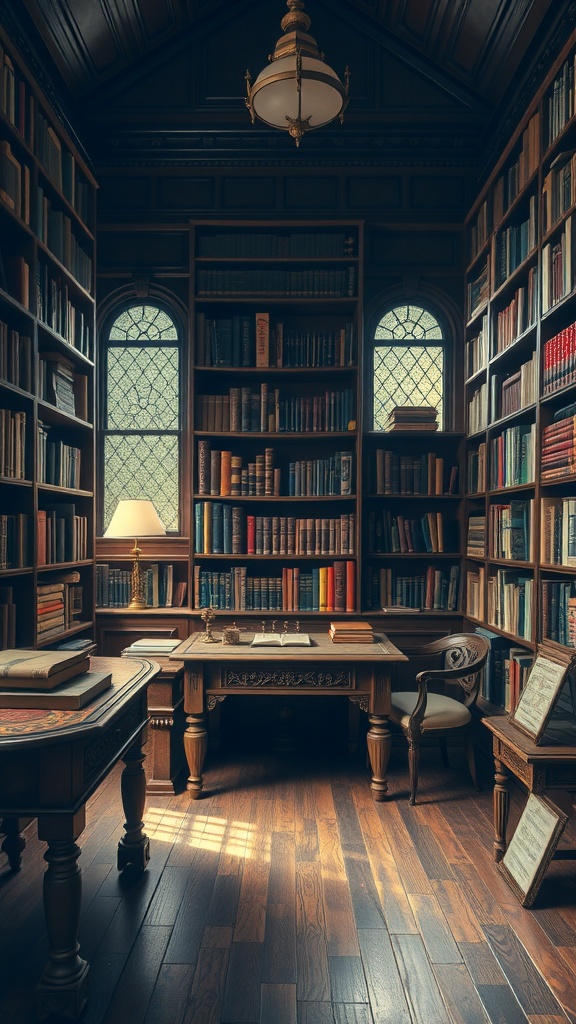 Cozy vintage library with wooden shelves filled with antique books and a warm ambiance.