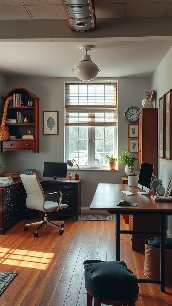 A small office featuring vintage wooden furniture, a modern desk, and natural light from a window.