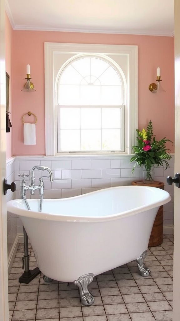A vintage bathroom featuring a clawfoot tub, mint green paneling, and a small vase of flowers.