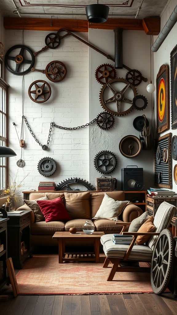 An industrial living room with vintage factory-inspired accessories including gears, a cozy sofa, and warm lighting.
