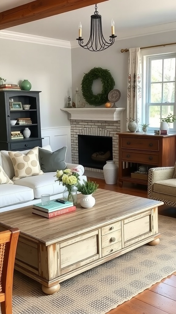 A cozy living room featuring vintage farmhouse furniture, including a rustic coffee table, white sofa with patterned cushions, and a fireplace with decor.