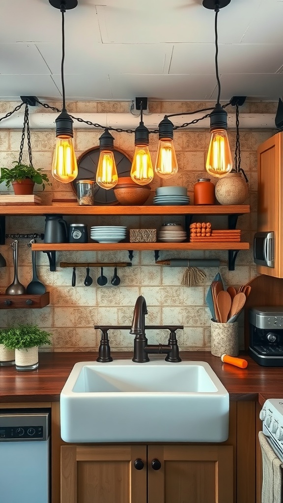 Vintage filament bulbs hanging above a farmhouse sink in a cozy kitchen.
