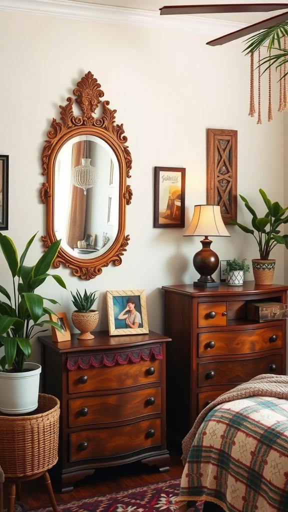 A cozy Black Boho bedroom featuring vintage decor with wooden furniture, an ornate mirror, and potted plants.