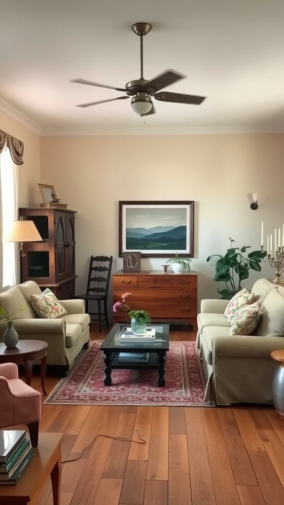 A cozy living room featuring vintage furniture, soft colors, and a blend of Mediterranean and Gothic styles.