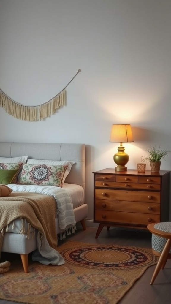 Cozy bohemian bedroom with vintage decor, featuring a bed with patterned pillows, a wooden nightstand, a lamp, and a decorative rug.