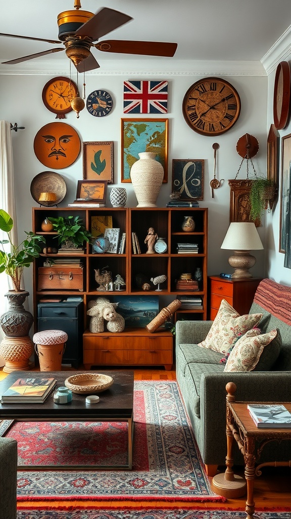 A cozy living room filled with vintage decor, clocks, and plants.