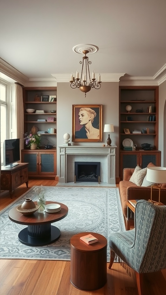 A stylish living room with vintage and modern decor, featuring a portrait, wooden cabinets, and contemporary furniture.