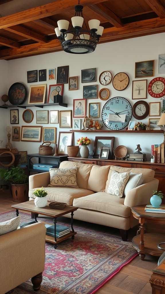 A cozy vintage living room with framed pictures and clocks on the wall, a beige sofa, and a colorful rug.