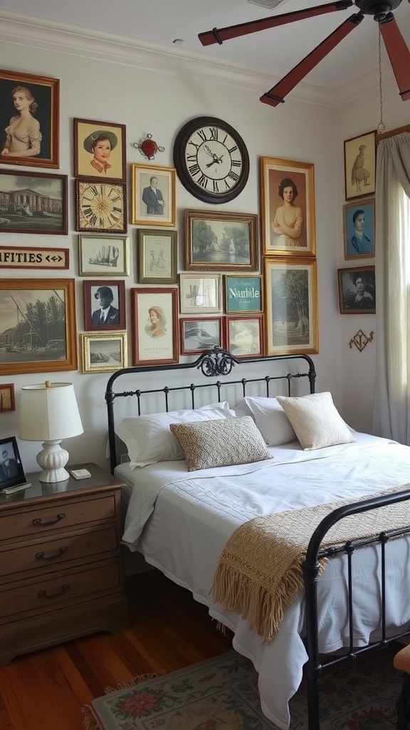 A vintage-style bedroom with a black bed, framed vintage art on the walls, and a wooden nightstand.