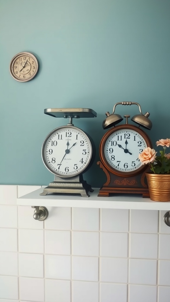 A shelf displaying two vintage alarm clocks and a small potted plant on a light blue wall.